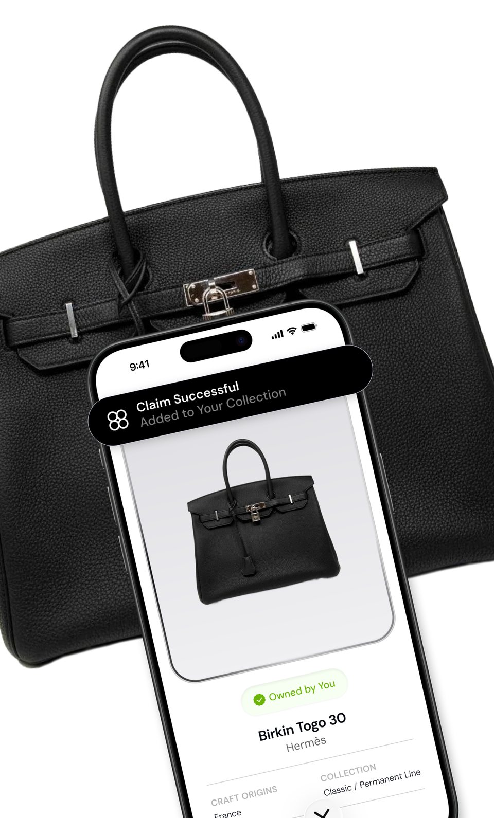 An iPhone showing “Claim Successful — Added to Your Collection” for a Hermès Birkin, held in front of the bag