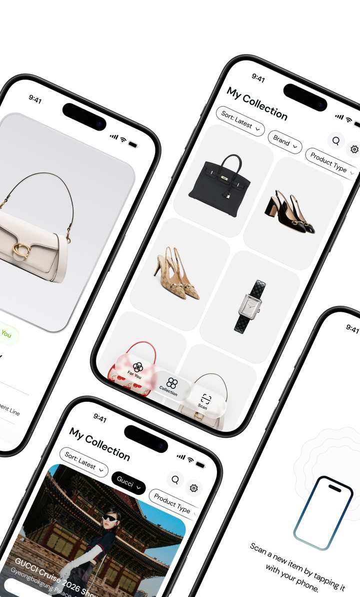 The My Collection screen in the Veritas app, a grid of handbags, heels and a watch