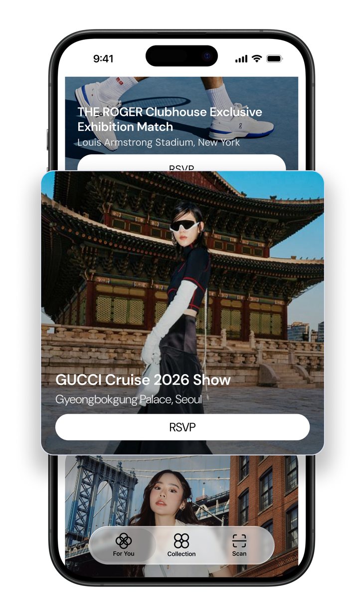 The Veritas app showing an invitation to the Gucci Cruise 2026 Show with an RSVP button