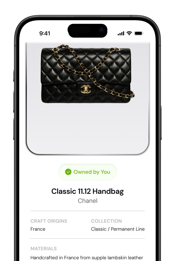The Veritas app showing a Chanel Classic 11.12 Handbag marked “Owned by You”, with its craft origins and collection